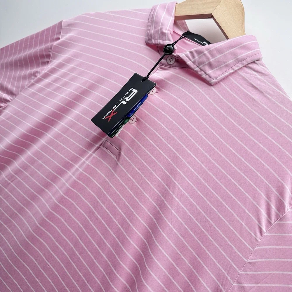 Ralph Lauren RLX Golf M2 Polo Shirt Short Sleeve Striped Pink/White SZ Large NWT
